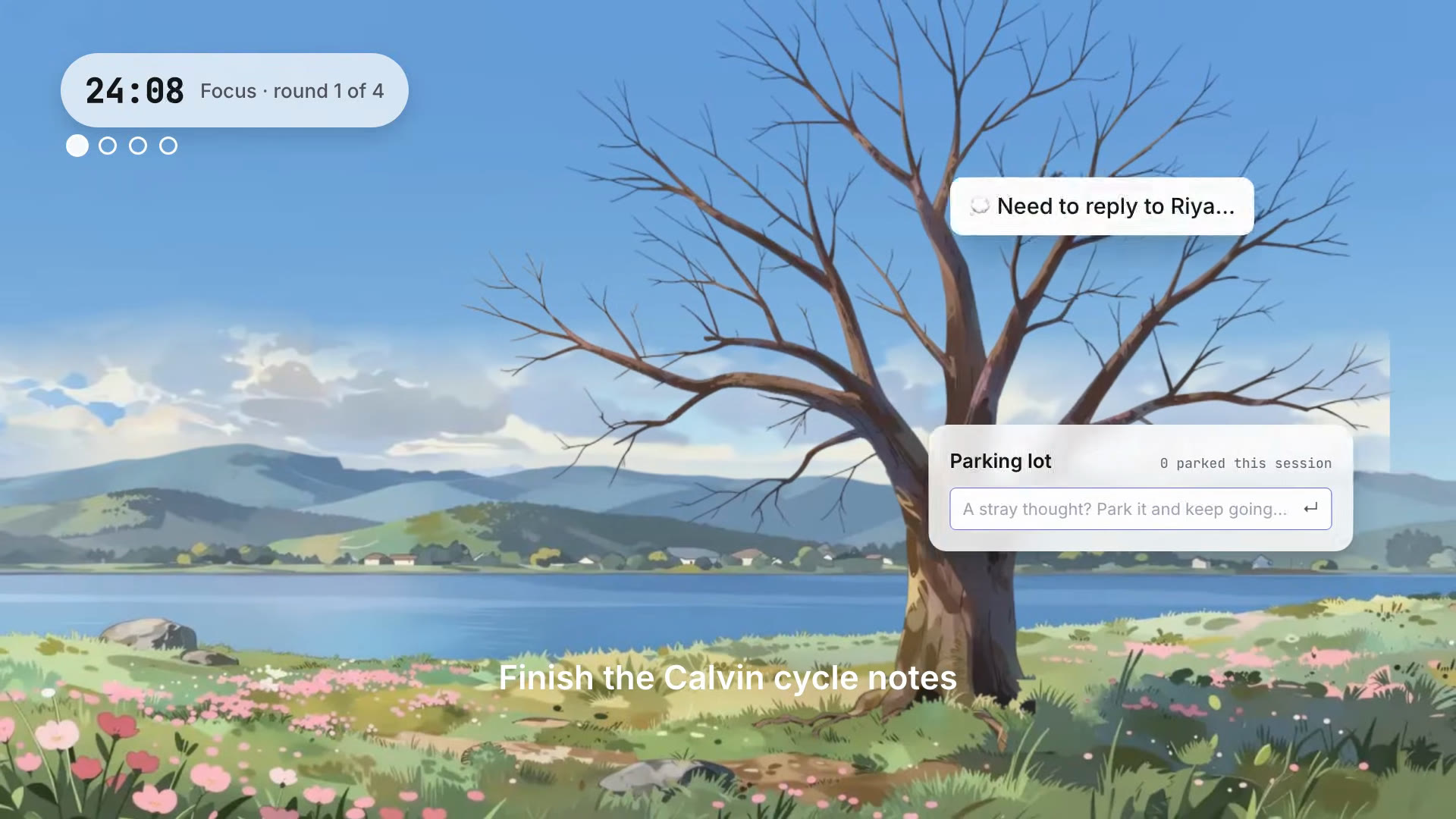 A frame from the Xonera film: a Focus session over the Sakura painting, round 1 of 4, with a parking lot for stray thoughts and the goal Finish the Calvin cycle notes